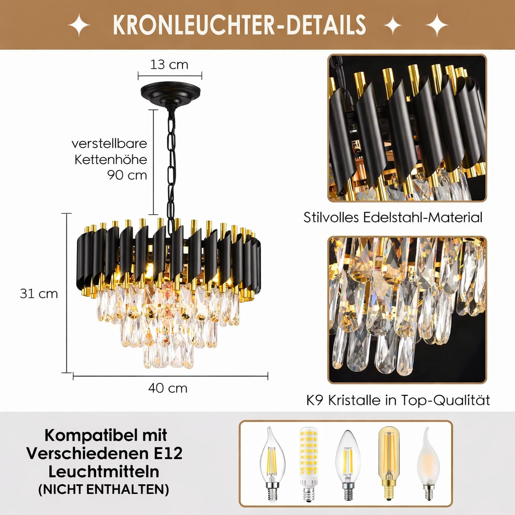 Kristall-Deckenleuchte Schwarz/Gold 3-stufig