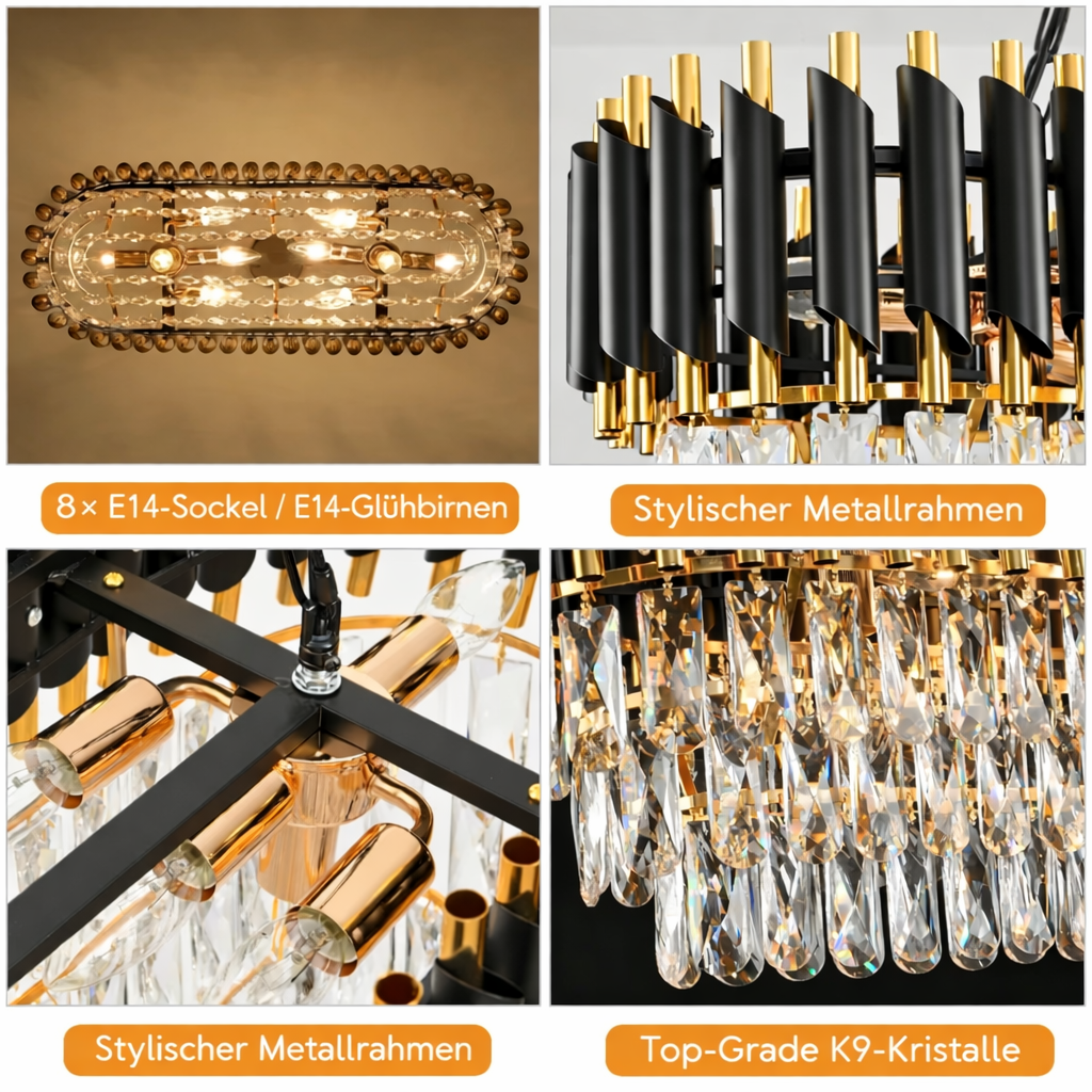 Moderne Kristall-Hängeleuchte Schwarz/Gold, 3-stöckig