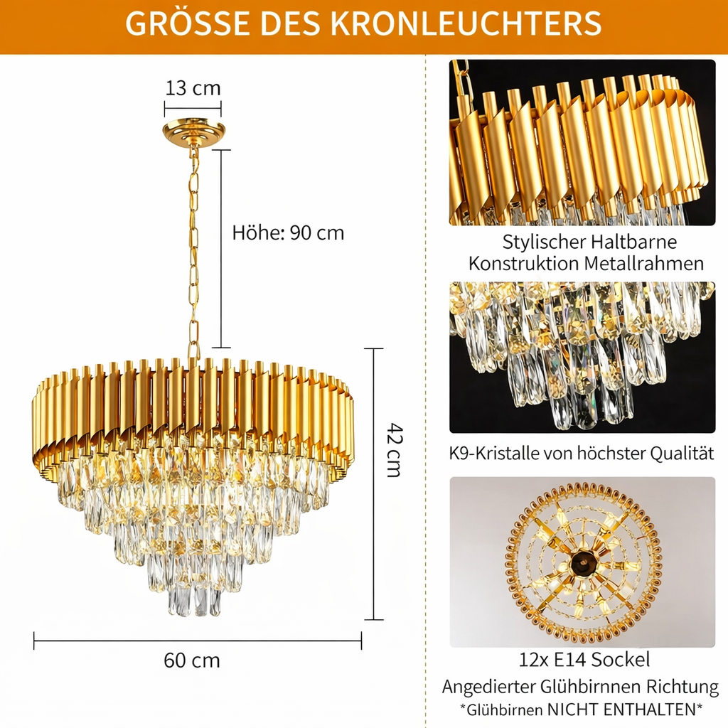 Gold K9 Kristall Kronleuchter (5-stufig)